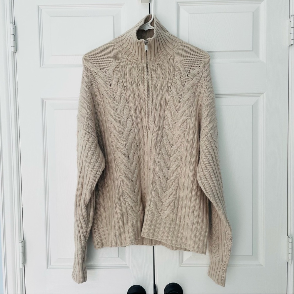 SOLD NAADAM Wool-Cashmere Open-Back Cable Quarter-Zip Taupe Linen Sweater NEW - Picture 5 of 10